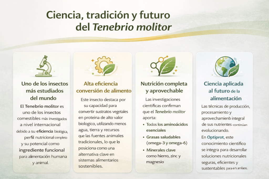 Infografía sobre la eficiencia del Tenebrio molitor como fuente de proteína sostenible para alimentación humana y animal