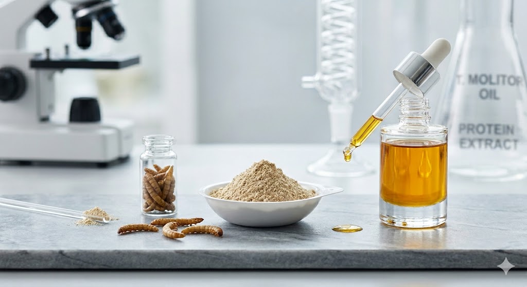 Sustainable insect-based ingredients including defatted mealworm protein and oil for future food applications.